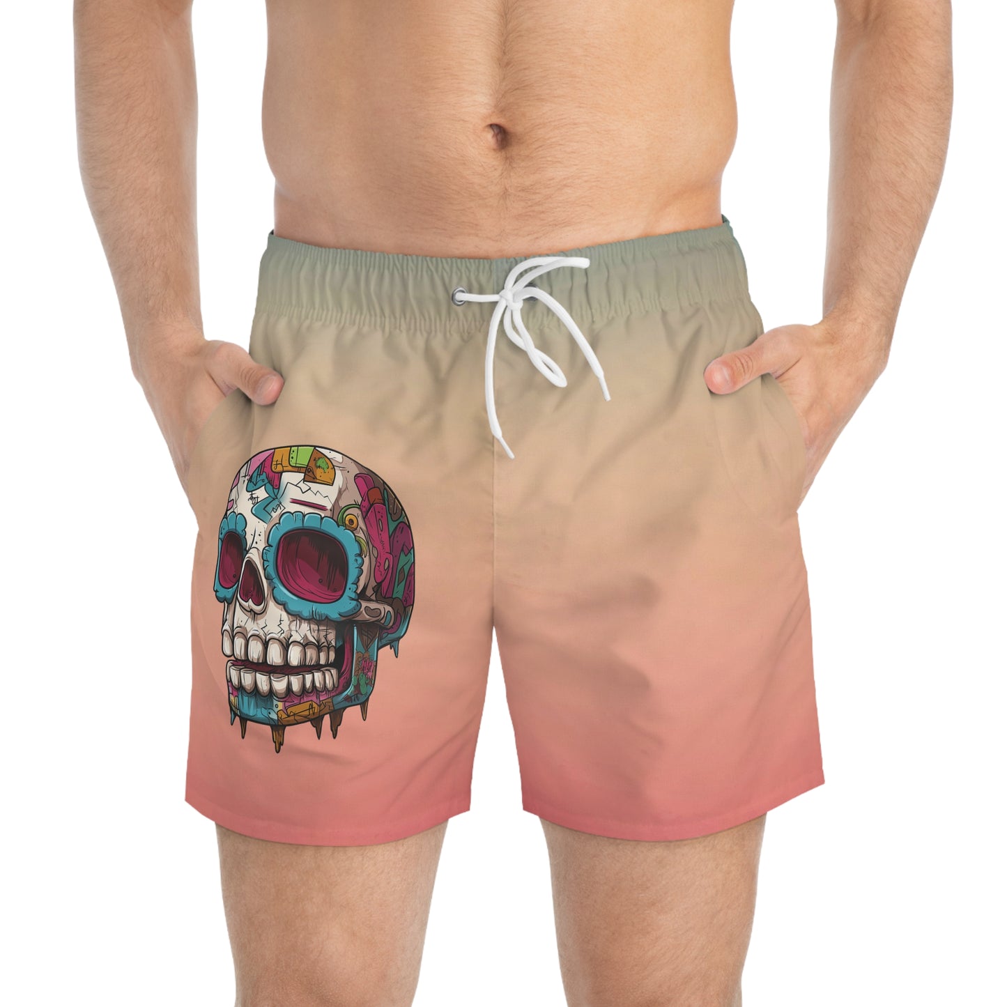 California Sunset Graffiti Drip Sugar Skull Swim Trunks by CholoNerd