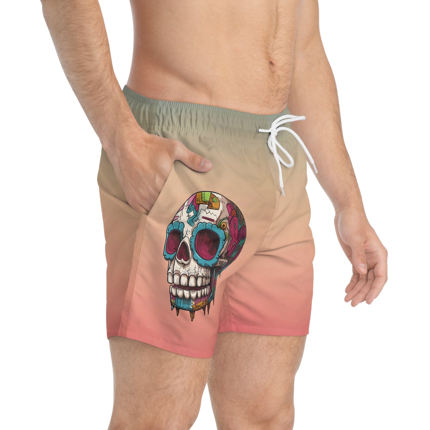 California Sunset Graffiti Drip Sugar Skull Swim Trunks by CholoNerd