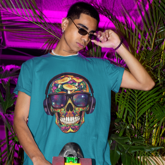 Galactic Mushroom Trip Sugar Skull Unisex T-Shirt by CholoNerd