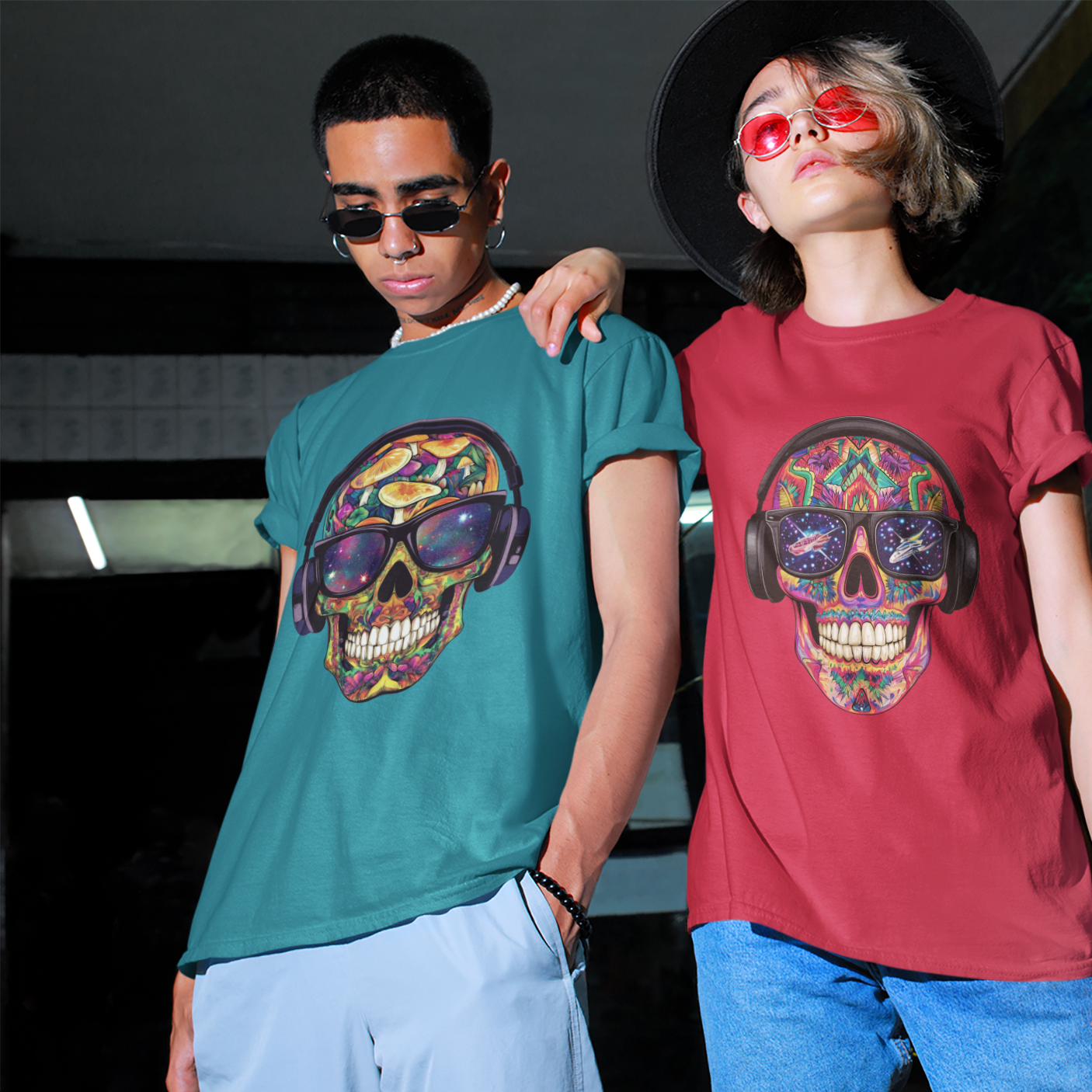 Galactic Mushroom Trip Sugar Skull Unisex T-Shirt by CholoNerd